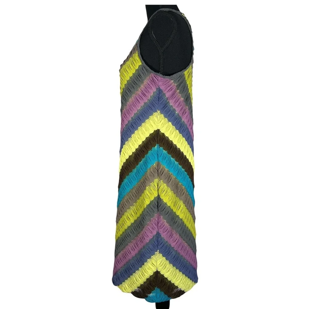 Muse Y2K Pointelle Crochet Striped Mini Beach Dress Lime‎ Multicolor Sz 10